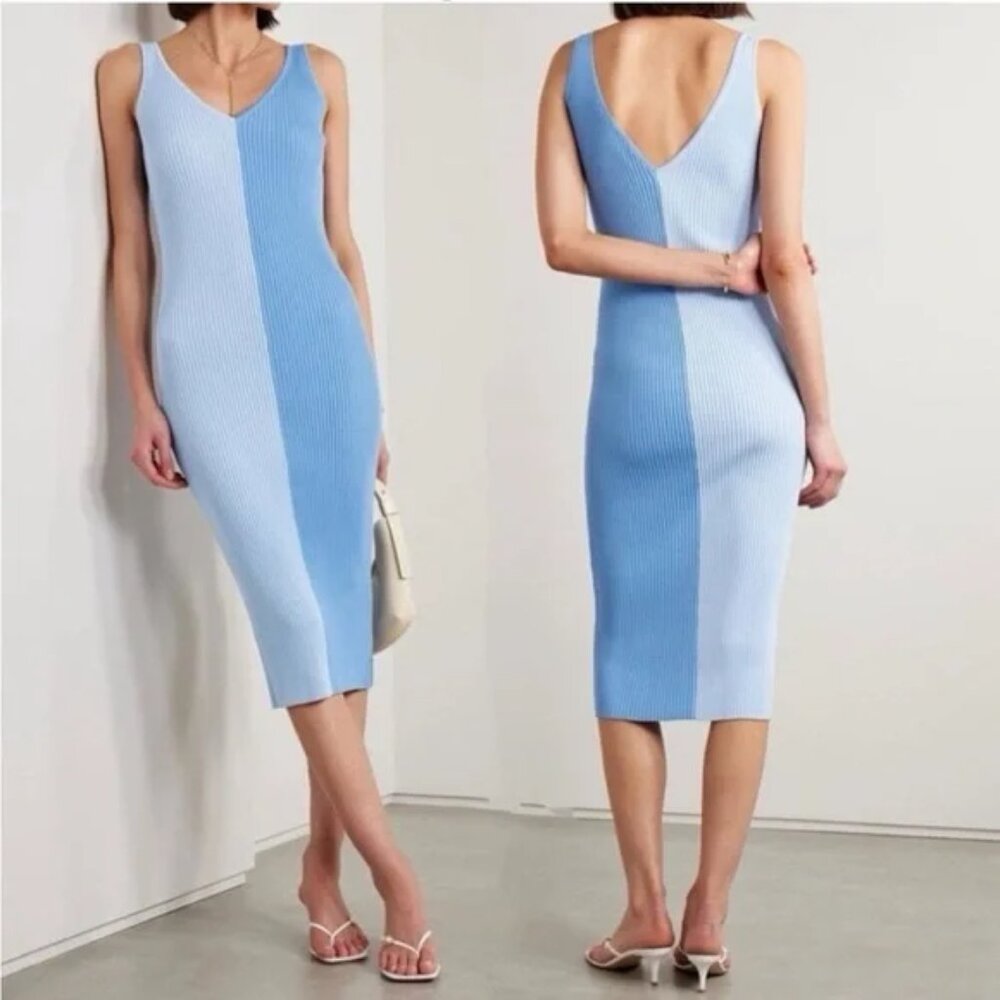 STAUD Dana Colorblock Ribbed Knit Midi Dress – XS, Blue